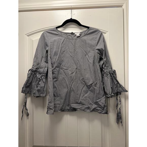 J. Crew Women’s Tie Bell Sleeves Crew Neck Gingham Plaid Top Size S Black White - Picture 1 of 4